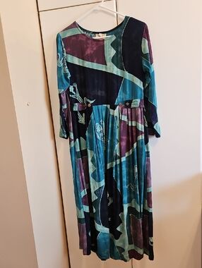 Vintage Abstract Pattern Long Sleeve Midi Dress - Teal, Navy & Plum